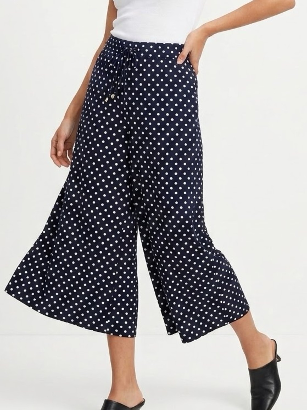 JONES NEW YORK Flowy Navy Blue & White Polka Dot Wide-Leg Cropped Pants LHP